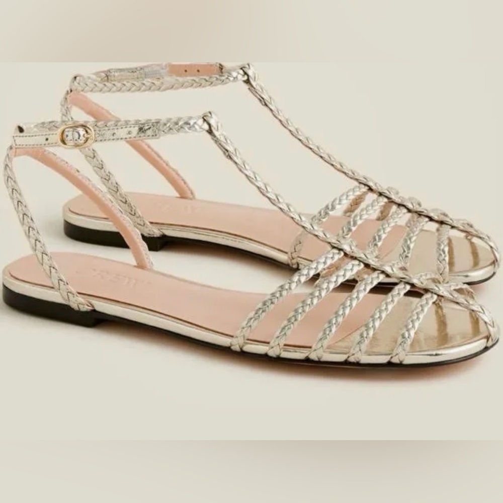 Women's Braided Metallic T-Strap Flat Sandals - Silver